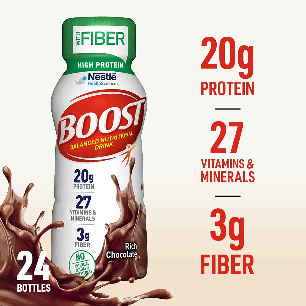 Boost High Protein with Fiber Balanced Nutritional Drink, Rich Chocolate, 8 fl Ounce Bottle, 24 Pack + Boost High Protein with Fiber Balanced Nutritional Drink, Very Vanilla, 8 fl oz Bottle, 24 Pack