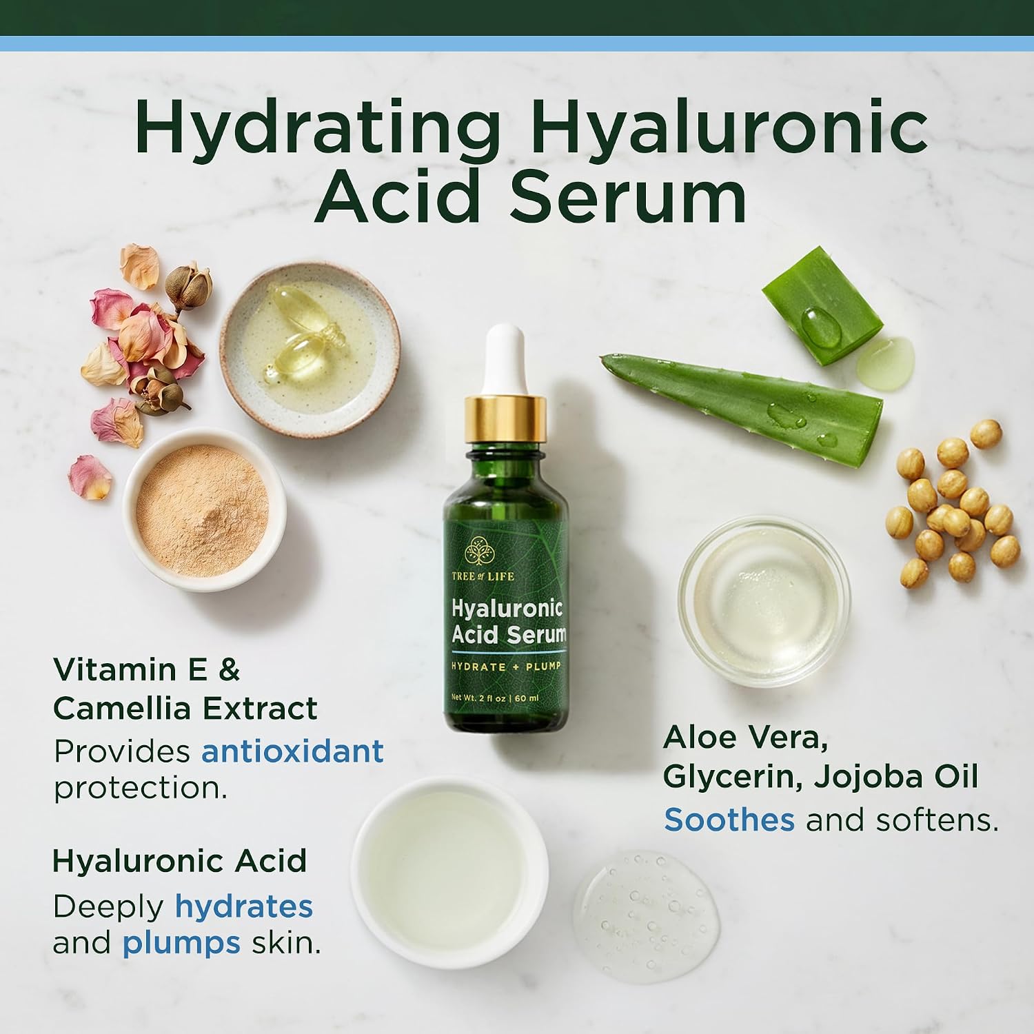 Tree of Life Hyaluronic Acid Serum For Face - Deep Hydration for Dry, Dehydrated, & Sensitive Skin - Dermatologist Tested - Moisturizing Treatment for Smooth Skin, 2 Fl Oz