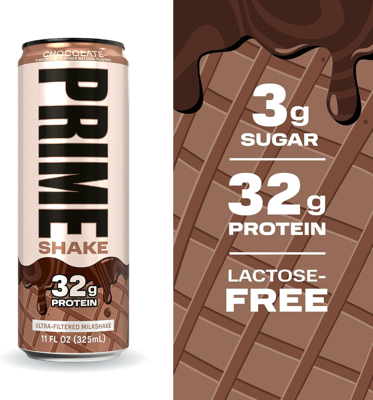 PRIME Shakes, Chocolate, 32g Protein Shake for Muscle Support & Recovery, Ultra-Filtered Milk, Lactose Free, Low Sugar, Low Calorie, Ready to Drink, 11 fl oz, 12 Pack