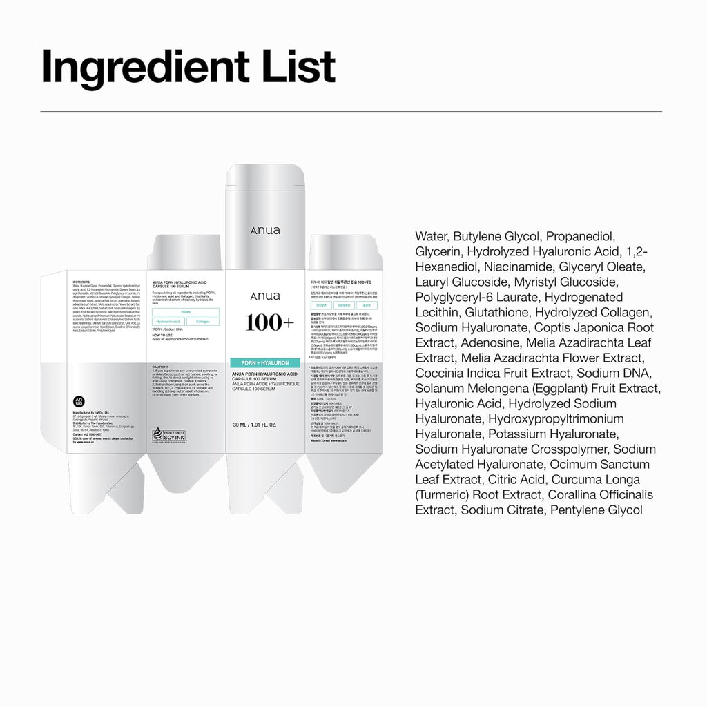 Anua PDRN Hyaluronic Acid Capsule 100 Serum, Radiant Face Serum, Salmon DNA, Hyaluronic Acid, Hydration, Moisture Plumping Effect, Lightweight, Glass Skin, Korean Skincare, 1.01 fl. oz