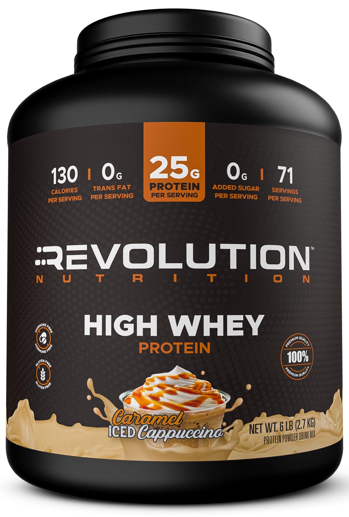 Revolution Nutrition, High Whey, Protein Powder 2LB, Whey Isolate, Gluten Free, Lean Muscle Mass for Men & Women, 25g of Protein Per Scoop, 908 g, 24 Servings (Caramel Iced Cappuccino, 2 Pound)