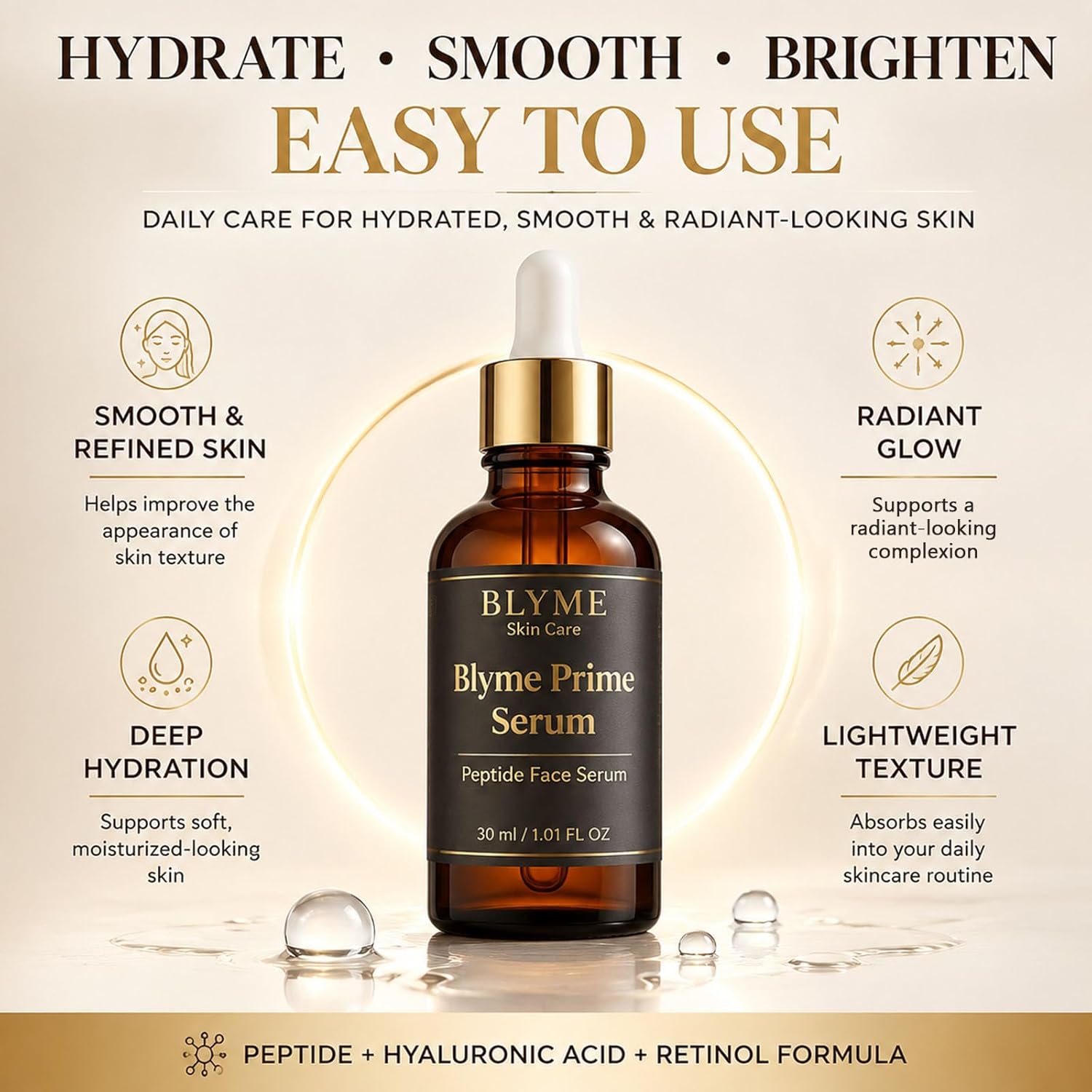 BLYME Prime Elixir, Peptide Face Serum with Hyaluronic Acid & Retinol, Hydrating Skincare for Smoother, Firmer-Looking Skin, Helps Improve the Look of Fine Lines & Uneven Texture, 30ml （11）