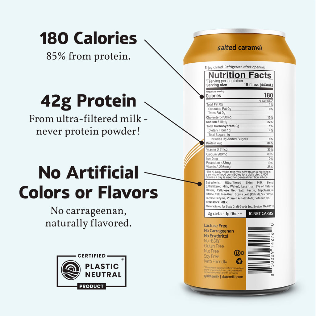 Slate Milk - Ultra Protein Shake - Vanilla - 42g Protein, 1g Sugar, 180 Calories, 1g Net Carbs - Lactose Free, No Added Sugar - Made with Ultra Filtered Milk - Breakfast Boost, Post Workout - 15 fl oz, 12 Cans