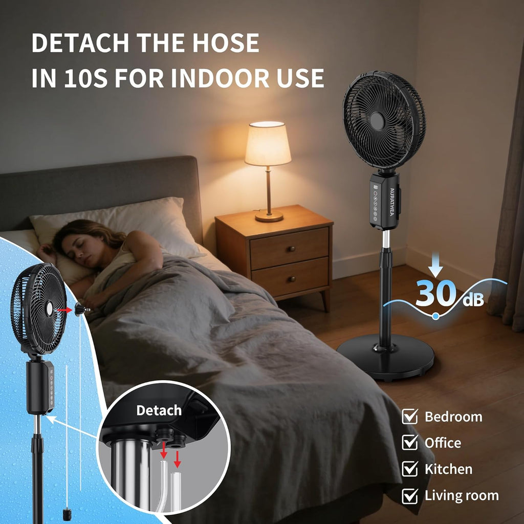 ATEngeus Outdoor Misting Fan 20000mAh Up to 21H Running Time, 12-Inch outdoor Oscillating Fan for Patios, 2 In 1 Pedestal & Tabletop Cooling Fan with Mister, Corded & Cordless, 7 Speeds, Remote, Timer