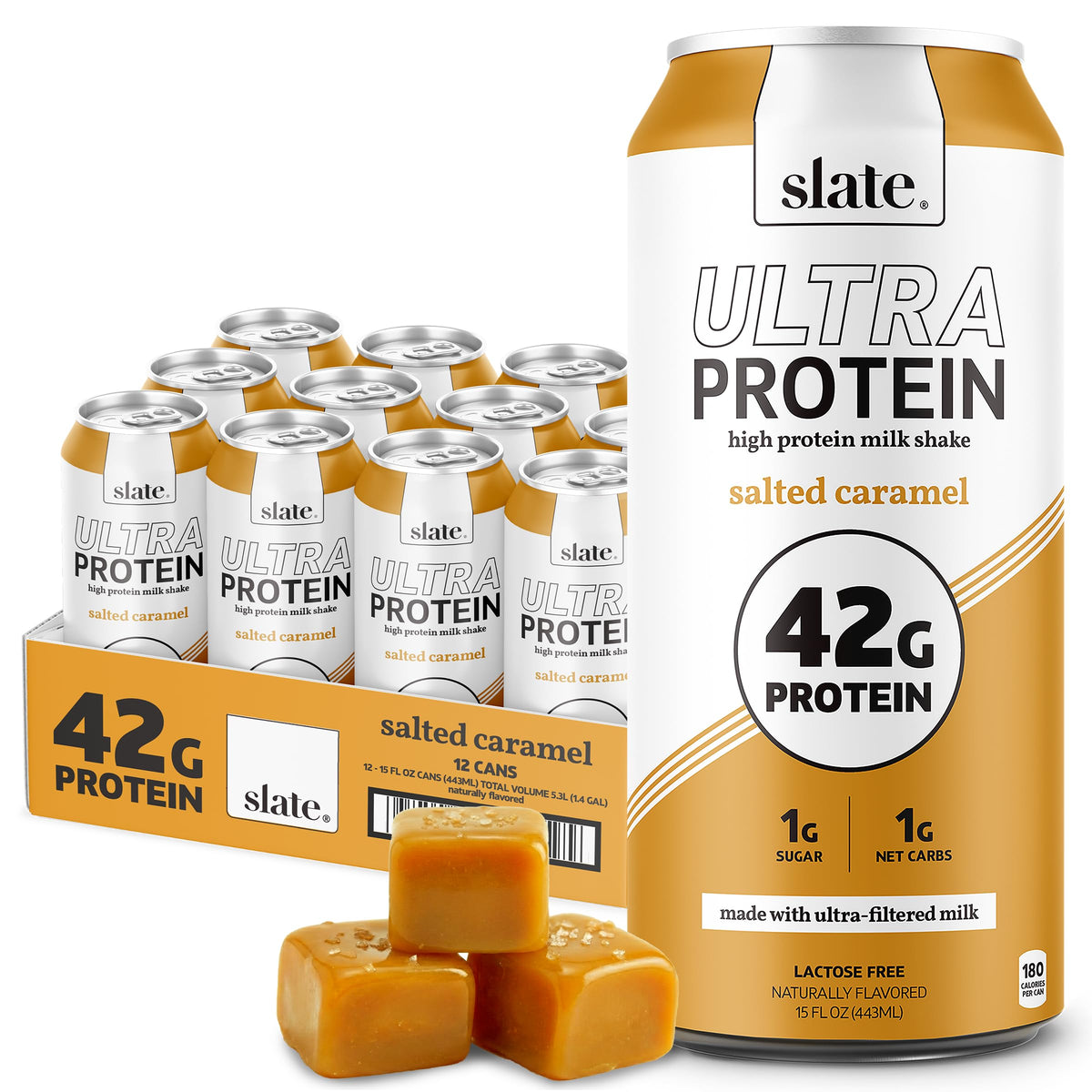 Slate Milk - Ultra Protein Shake - Vanilla - 42g Protein, 1g Sugar, 180 Calories, 1g Net Carbs - Lactose Free, No Added Sugar - Made with Ultra Filtered Milk - Breakfast Boost, Post Workout - 15 fl oz, 12 Cans