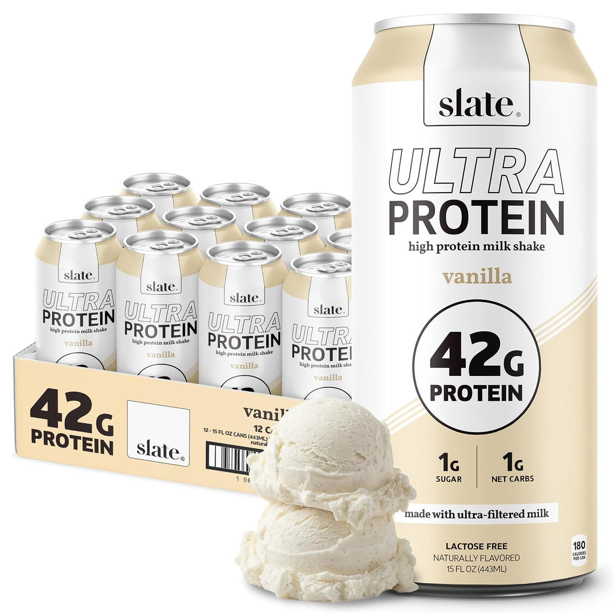 Slate Milk - Ultra Protein Shake - Vanilla - 42g Protein, 1g Sugar, 180 Calories, 1g Net Carbs - Lactose Free, No Added Sugar - Made with Ultra Filtered Milk - Breakfast Boost, Post Workout - 15 fl oz, 12 Cans