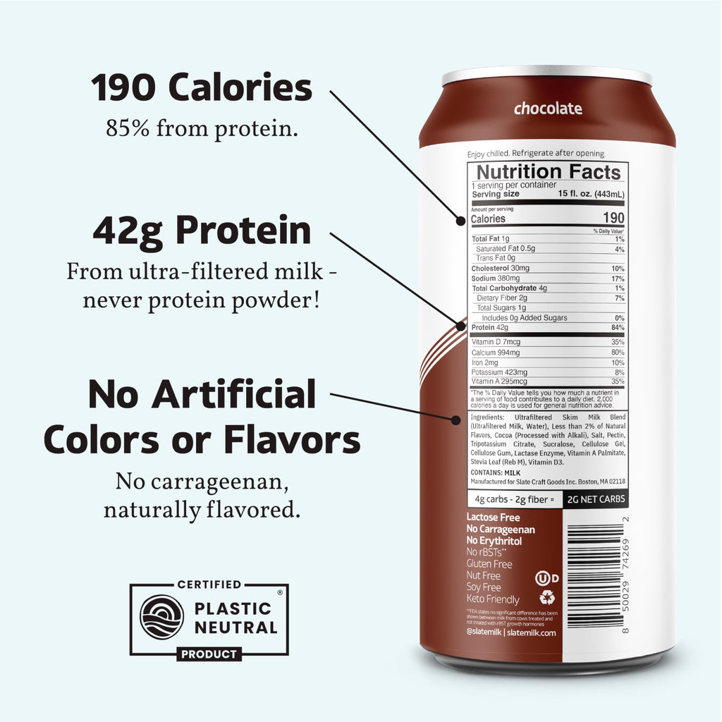 Slate Milk - Ultra Protein Shake - Vanilla - 42g Protein, 1g Sugar, 180 Calories, 1g Net Carbs - Lactose Free, No Added Sugar - Made with Ultra Filtered Milk - Breakfast Boost, Post Workout - 15 fl oz, 12 Cans