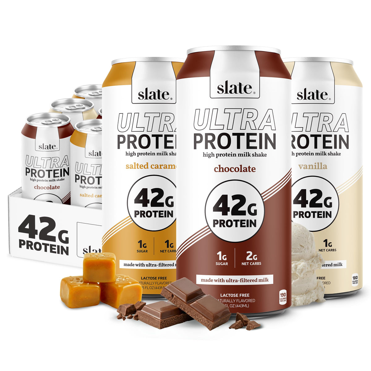 Slate Milk - Ultra Protein Shake - Vanilla - 42g Protein, 1g Sugar, 180 Calories, 1g Net Carbs - Lactose Free, No Added Sugar - Made with Ultra Filtered Milk - Breakfast Boost, Post Workout - 15 fl oz, 12 Cans