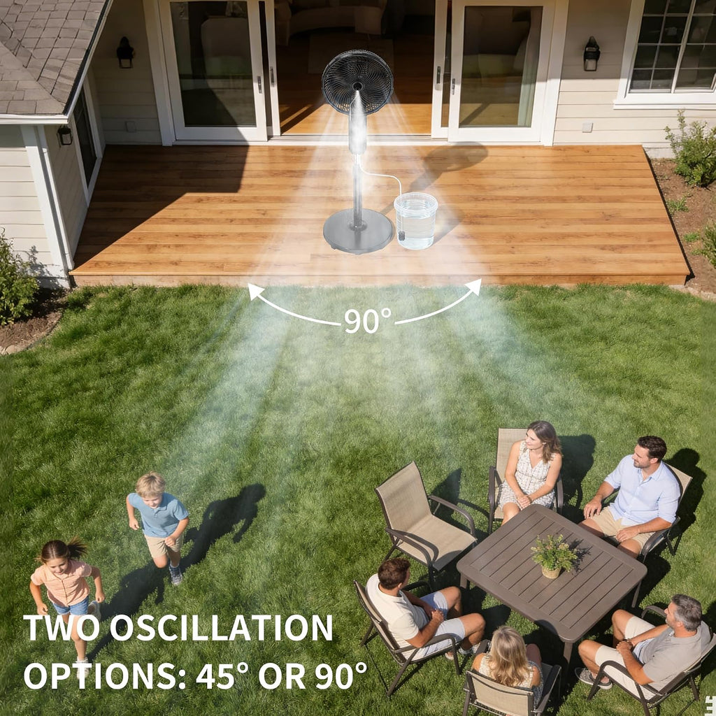 ATEngeus Outdoor Misting Fan 20000mAh Up to 21H Running Time, 12-Inch outdoor Oscillating Fan for Patios, 2 In 1 Pedestal & Tabletop Cooling Fan with Mister, Corded & Cordless, 7 Speeds, Remote, Timer