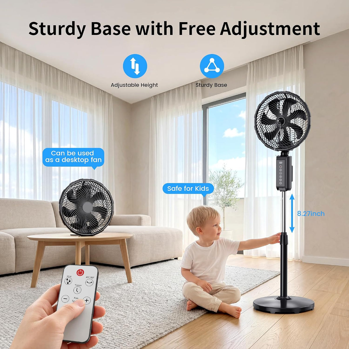 ATEngeus Outdoor Misting Fan 20000mAh Up to 21H Running Time, 12-Inch outdoor Oscillating Fan for Patios, 2 In 1 Pedestal & Tabletop Cooling Fan with Mister, Corded & Cordless, 7 Speeds, Remote, Timer