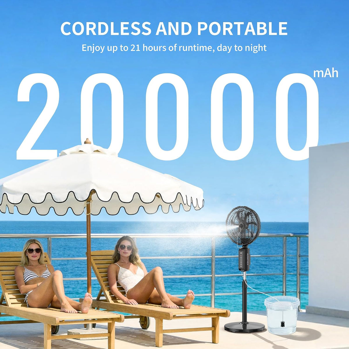ATEngeus Outdoor Misting Fan 20000mAh Up to 21H Running Time, 12-Inch outdoor Oscillating Fan for Patios, 2 In 1 Pedestal & Tabletop Cooling Fan with Mister, Corded & Cordless, 7 Speeds, Remote, Timer