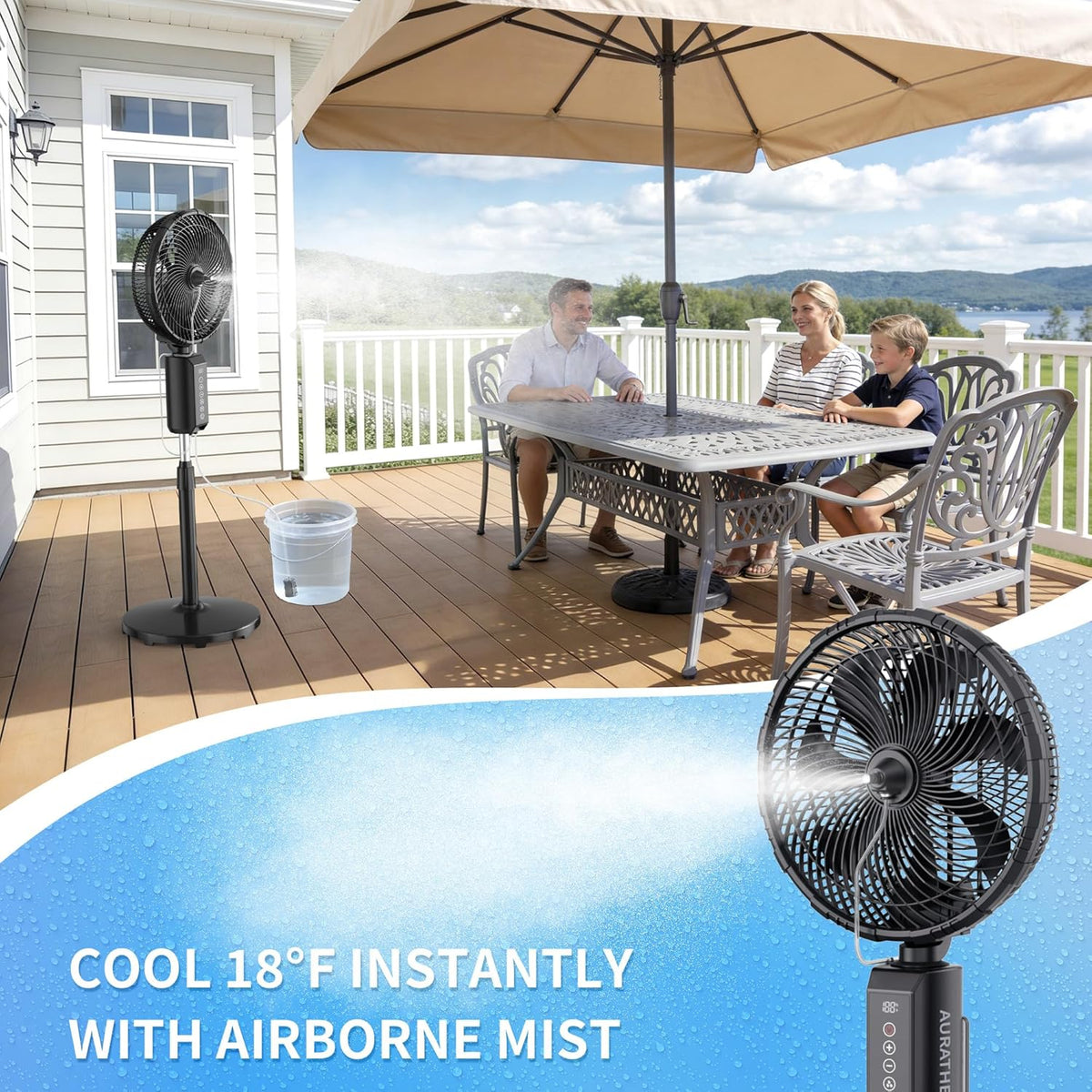 ATEngeus Outdoor Misting Fan 20000mAh Up to 21H Running Time, 12-Inch outdoor Oscillating Fan for Patios, 2 In 1 Pedestal & Tabletop Cooling Fan with Mister, Corded & Cordless, 7 Speeds, Remote, Timer